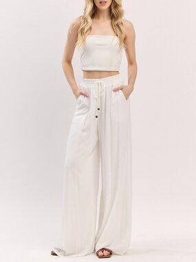 Solid Elastic Waistband Wide Pants